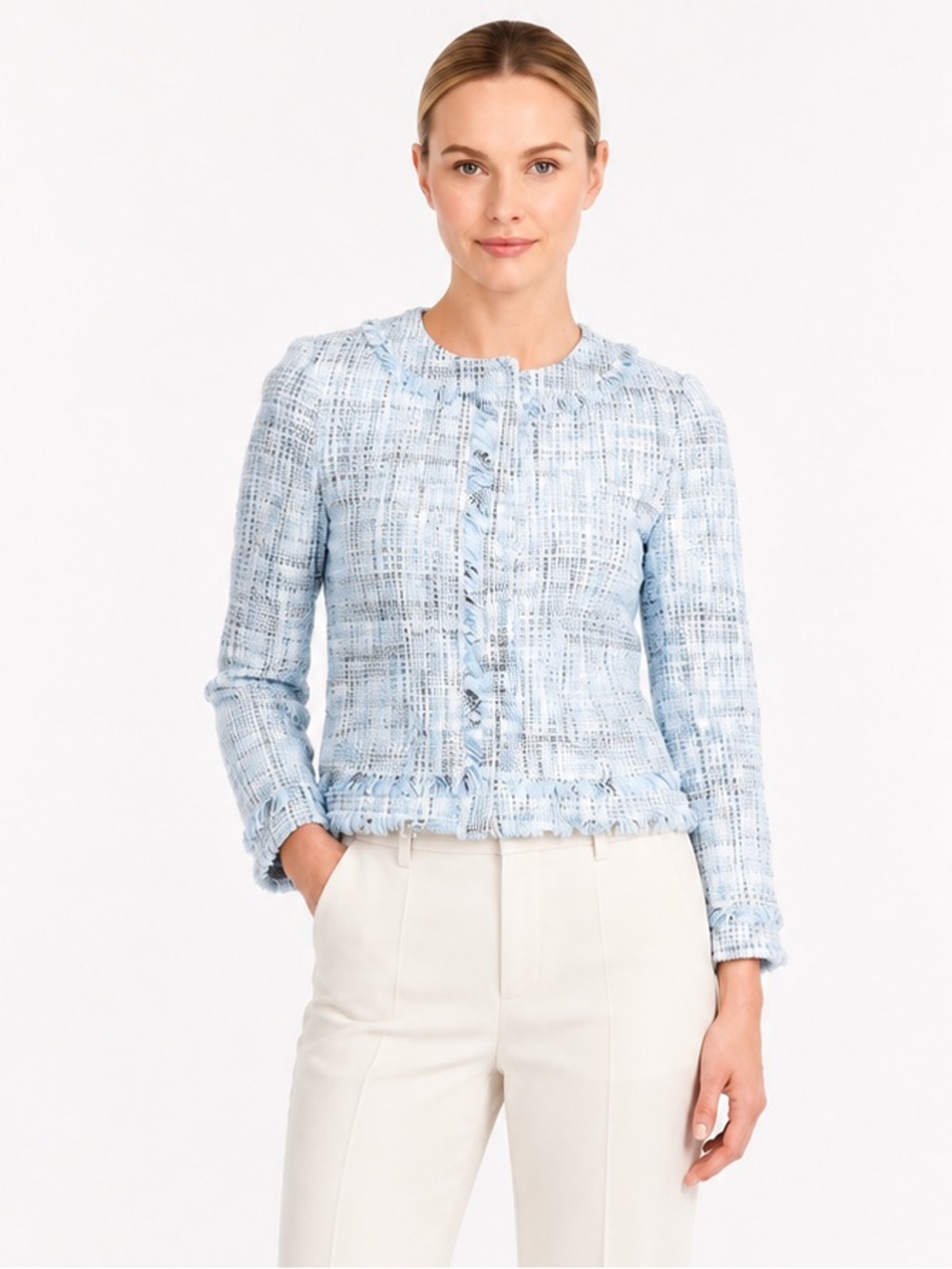 J.Crew Cropped Lady Jacket Size 12 Blue Tweed Fringe Trim Cotton Summer Blazer